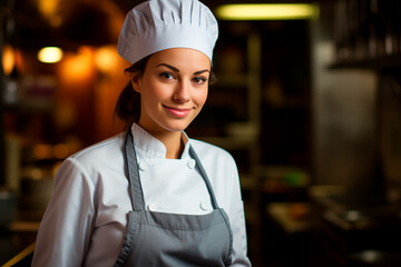 Portrait of European female chef on kitchen background. A woman in a chef's hat and an apron.