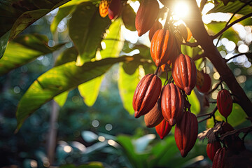 Close-up of cocoa beans growing on a tree - obrazy, fototapety, plakaty