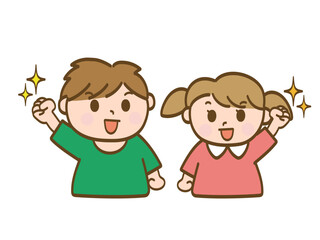 エイエイオーとやる気満々の男の子と女の子_小学生低学年_幼児