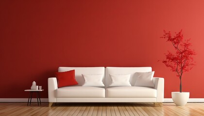 Interior design of modern white couch on red wall background