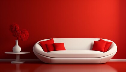 Interior design of modern white couch on red wall background
