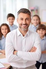 Smiling male teacher in a class at elementary school looking at camera with learning students on background