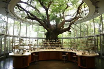 Spacious laboratory in a majestic tree, nestled in an isolated location. Generative AI