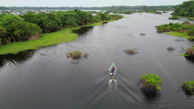 Scenic aerial view of tropical rainforest jungle at sunrise with boat on river
