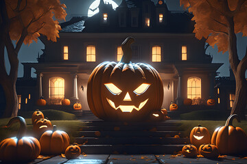 Halloween pumpkin decoration in front of house in the night sky, Generative AI