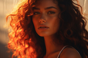 Closeup portrait photo of Beautiful African American female model with red hair and blurred bokeh Background