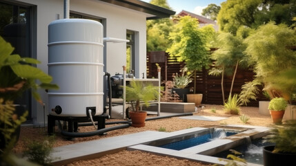 Fototapeta na wymiar Water tank and filtration unit at home, Efficiency water system in intelligent.