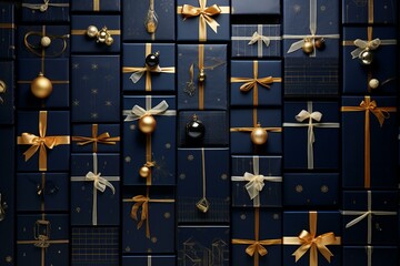 An organized grid of Christmas gifts on a seasonal navy blue and gold wallpaper. Generative AI