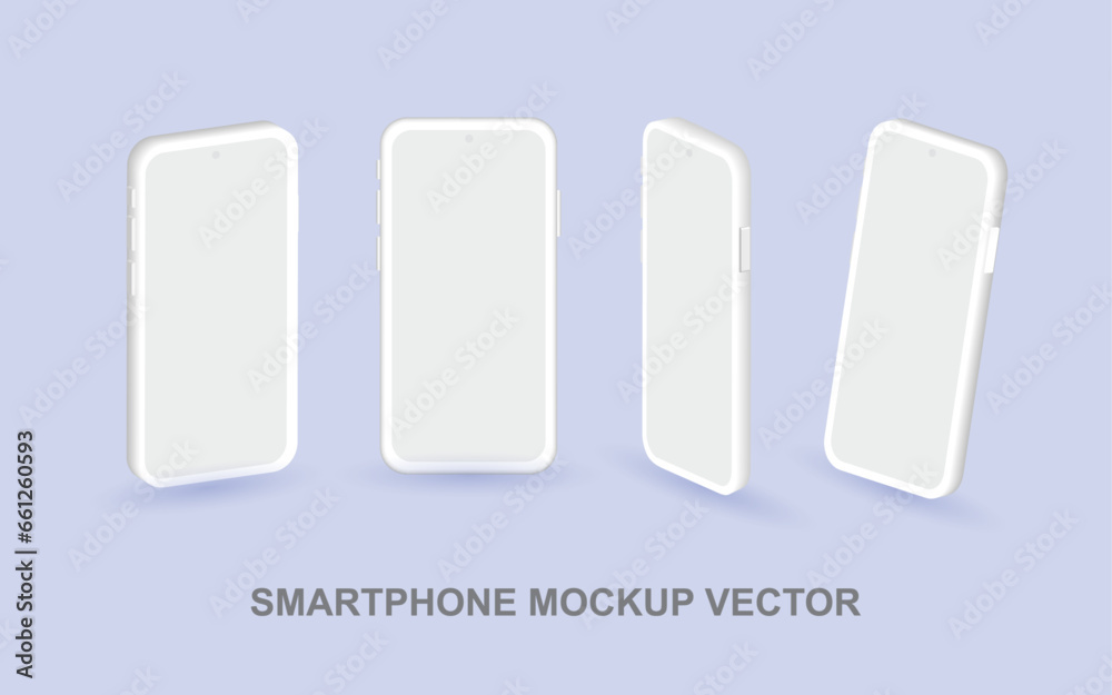 Poster smartphone mock up in different angles isolated vector. 3d perspective view mobile phone mockup with