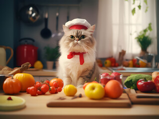 Fluffy kitten wearing chef hat and red ribbon on neck waiting by kitchen counter full with vegetable ingredients. Modern blurred kitchen background. Created with Generative AI technology