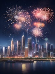 Celebrate the new year, a city with fireworks, AI generated