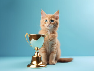 Adorable kitten sitting next to golden trophy on sky blue background. Created with Generative AI technology