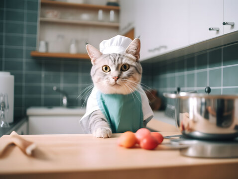 Cool kitten wearing chef hat and uniform waiting by kitchen counter. Cozy kitchen background. Created with Generative AI technology