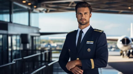 Tuinposter Handsome confident pilot on the airport background © piai