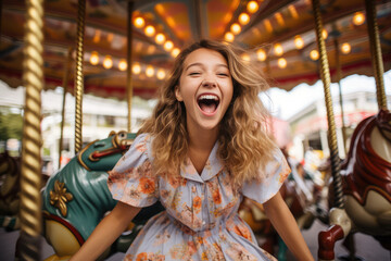 A happy young kid expressing excitement while on a colorful carousel