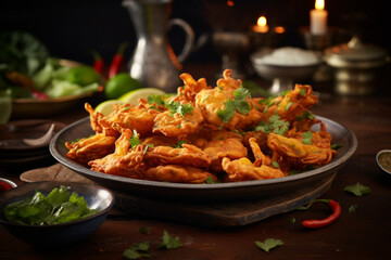Crispy Vegetable Pakoras Indian food Photograp, generative ai