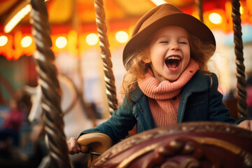 Fototapeta na wymiar A happy young kid expressing excitement while on a colorful carousel