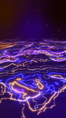 Futuristic flying over 3D glowing neon light connecting dot digital landscape background.