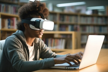 African American student wearing virtual reality glasses, Sitting at desk with laptop in library,...