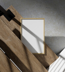 minimalist wooden frame mockup on the stairs lit by sunlight