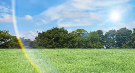 Plexiglas foto achterwand 緑の丘、土手、高台さわやかな青空と緑の草原・芝生の背景壁紙　アウトドア・スポーツ・行楽・レジャー・旅行・遠足・運動会の背景　晴天の太陽と虹色のレンズフレア・ゴースト © tenpadasi