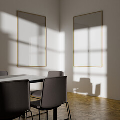 a couple of frame mockup poster in the corner of modern dining room
