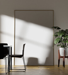 a massive frame mockup poster standing on the wooden floor in the dining room with light