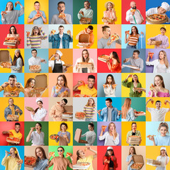 Collage of different people with delicious pizzas on color background