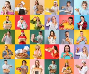 Collage of many people with yummy pizzas on color background
