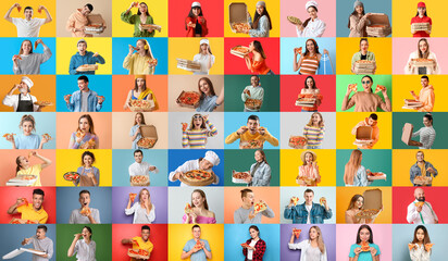 Collage of many people with tasty pizzas on color background