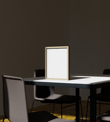 wooden frame mockup poster standing on the dining table in the dark interor
