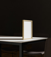 wooden frame mockup poster standing on the dining table in the dark interor