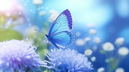 Fototapeta na wymiar Close-up of a lovely blue flower and a butterfly against an ethereal, abstract background. romantically serene natural setting. lucid creative rendering. nature's purity and concern for the global eco