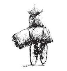 Drawing of a Vietnamese man ride the bicycle