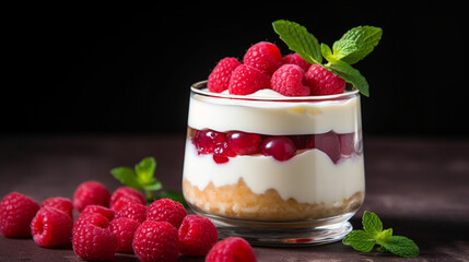 Raspberry dessert cheesecake trifle mouse in a glass., generative ai