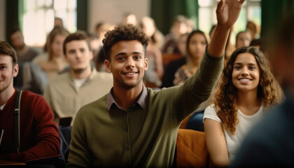 Smiling African American man student raising her hand to ask a question during listen lecture in...