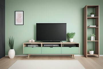 TV cabinet and display with wooden floor and pastel green walls, minimalist and vintage living room interior, 3d rendering