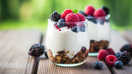 Yogurt with granola berry fruits and chocolate stock, generative ai