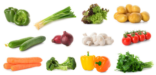 Set of many fresh vegetables isolated on white