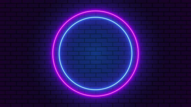4K looped. Blue and purple neon light circle frame flicker animation with brick wall background