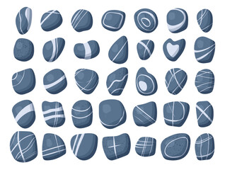 Vector sea river stones isolated on white. Different shapes, stripes, one colour, flat style with shadows. Alphabet same collection aviable. Vector illustration
