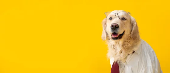 Rolgordijnen Business dog on yellow background with space for text © Pixel-Shot