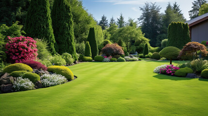 English style garden with scenic view of freshly mowed lawn flower bed and leafy trees - Powered by Adobe