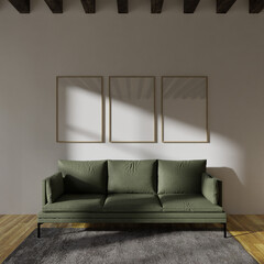 three frame mockup poster above the modern green sofa. mock up for your design