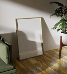 frame mockup poster leaning on the white wall with plant and green sofa