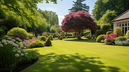 English style garden with scenic view of freshly mowed lawn flower bed and leafy trees - obrazy, fototapety, plakaty