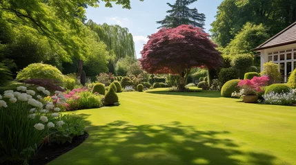 Tuinposter Tuin English style garden with scenic view of freshly mowed lawn flower bed and leafy trees
