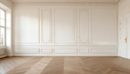 Empty room interior design, open space with white walls with stucco and parquet wooden floor