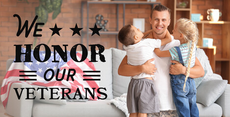 Banner for American Veterans Day with male soldier and his little children - obrazy, fototapety, plakaty