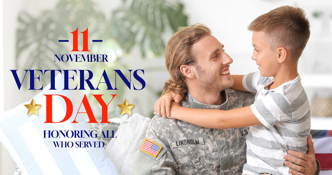 Banner for American Veterans Day with male soldier and his little son